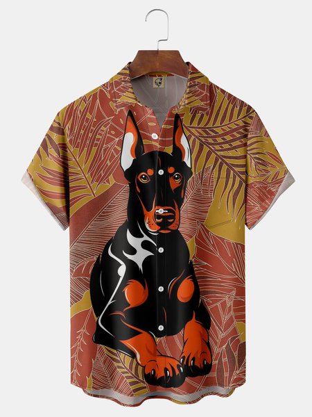 

Doberman Chest Pocket Short Sleeve Hawaiian Shirt, Orange red, Men Shirts