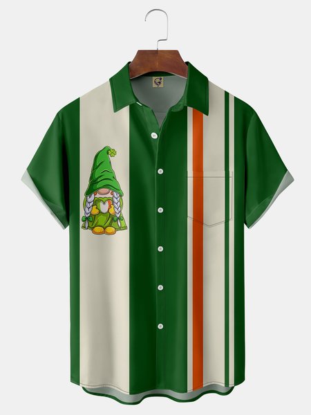 

St. Patrick's Day Gnome Chest Pocket Short Sleeve Bowling Shirt, Green, Men Shirts