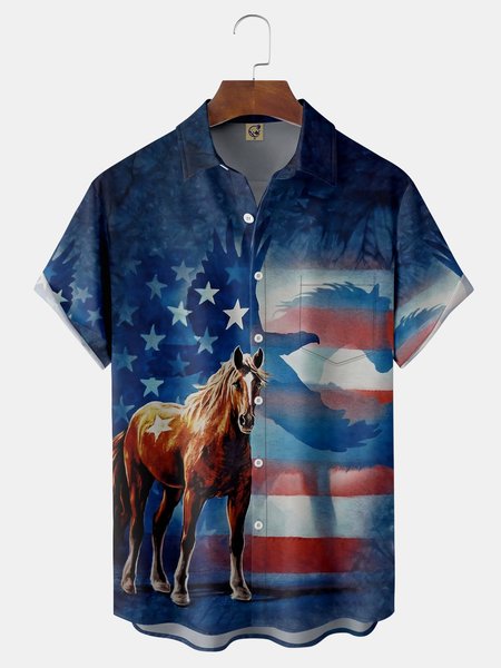 

American Flag Animal Chest Pocket Short Sleeve Casual Shirt, Blue, Men Shirts