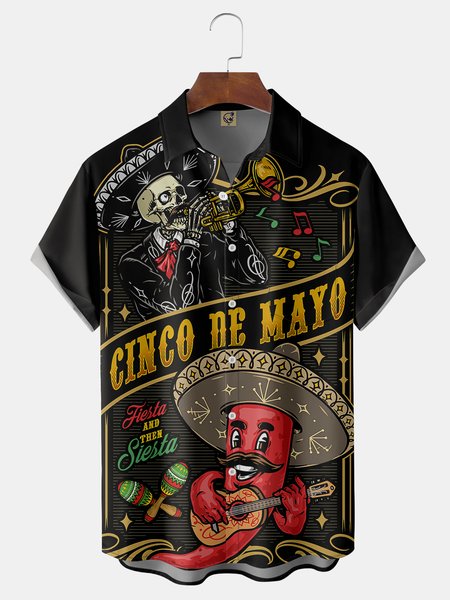 

Cinco De Mayo Skull Chest Pocket Short Sleeve Shirt, Black, Men Shirts