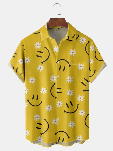 

Floral Smile Chest Pocket Short Sleeve Hawaiian Shirt, Yellow, Men Shirts