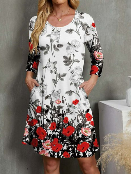 

Loose Crew Neck Floral Casual Dress, White, Dresses