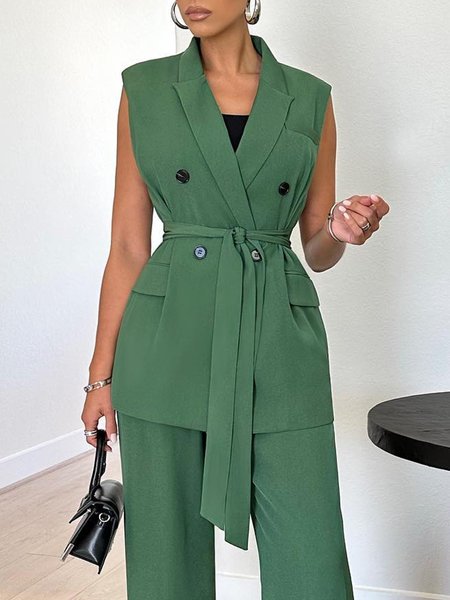 

Urban Plain Lapel Collar Sleeveless Vest, Green, Vests and Gilets