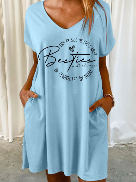 

Women's Side By Side Or Miles Apart Besties Will Always Be Connected By Heart Casual Loose Text Letters Dress, Blue, Dresses