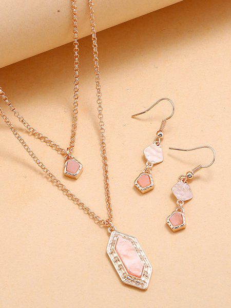 

Gold Natural Pink Crystal Pendant Earrings Layered Necklace Set Jewelry, Golden, Necklaces