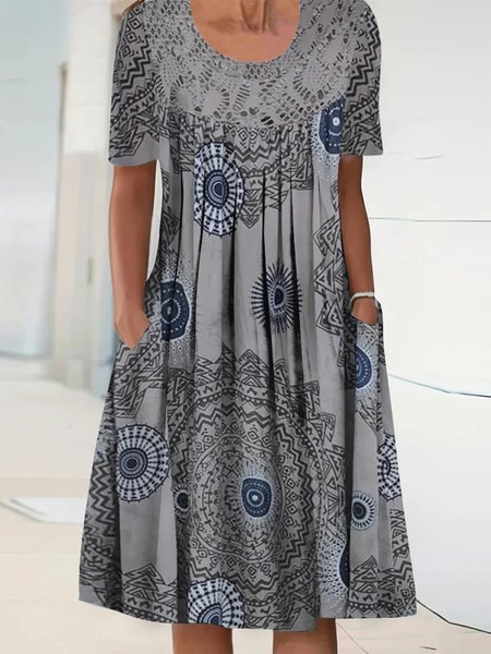

Crew Neck Elegant Loose Ethnic Dress, Gray, Dresses