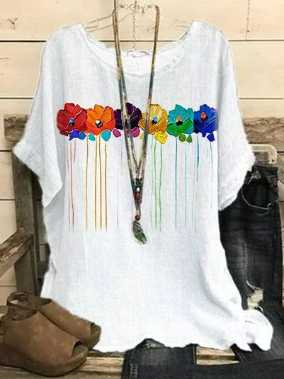 Floral Linen Casual Loose Crew Neck Top, White, Shirts & Blouses
