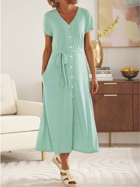 

Sash Geometric V Neck Dress, Green, Dresses