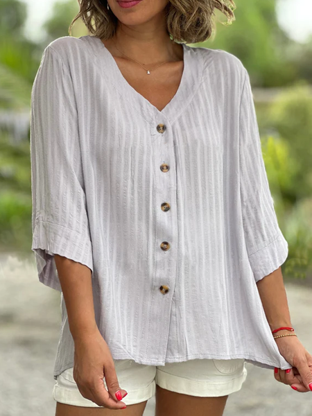 

Casual Buttoned Cotton-Blend Striped Blouse, Gray, Shirts & Blouses