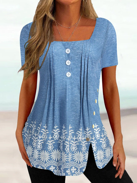 

Casual Square Neck Floral T-Shirt, Blue, Tunics