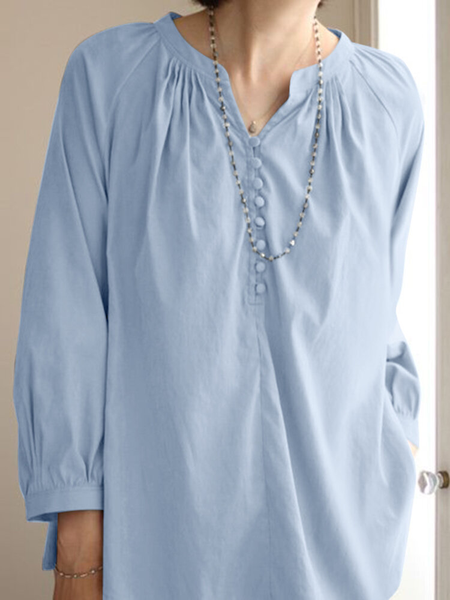 

Casual V Neck Linen Plain Blouse, Blue, Shirts & Blouses