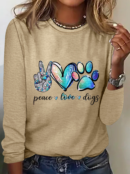 

Women‘s Fashion Peace Love Dog Paws Simple Cotton-Blend Long Sleeve Top, Khaki, Long sleeves