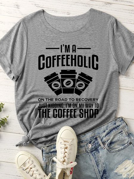 

Women's Coffee Lover Print Crew Neck Casual T-Shirt, Gray, T-shirts