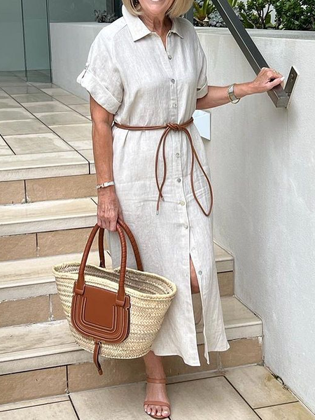 

Casual Cotton And Linen Plain Shirt Collar Dress, Khaki, Maxi Dresses