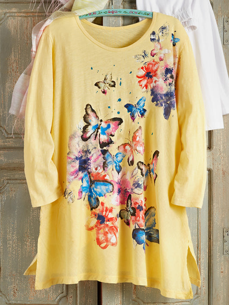 

Loose Crew Neck Casual T-Shirt, Yellow, T-Shirts