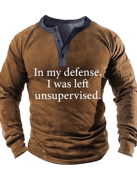 

Men's In My Defense I Was Left Unsupervised Funny Graphic Print Casual Half Turtleneck Text Letters Top, Khaki, Long Sleeves