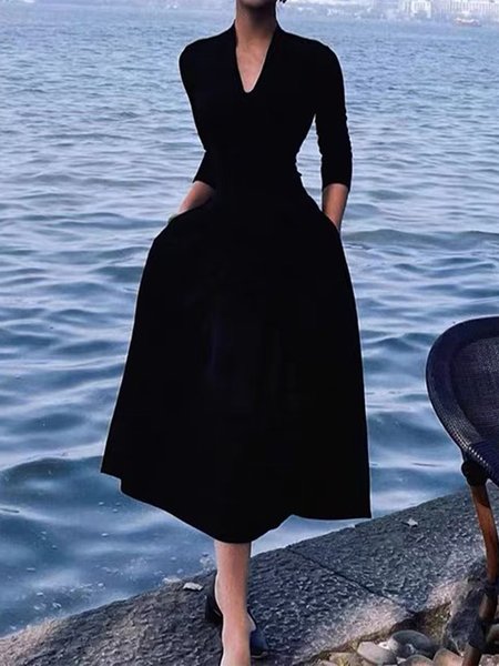 

Plain Elegant Regular Fit X-Line Dress, Black, Midi Dresses