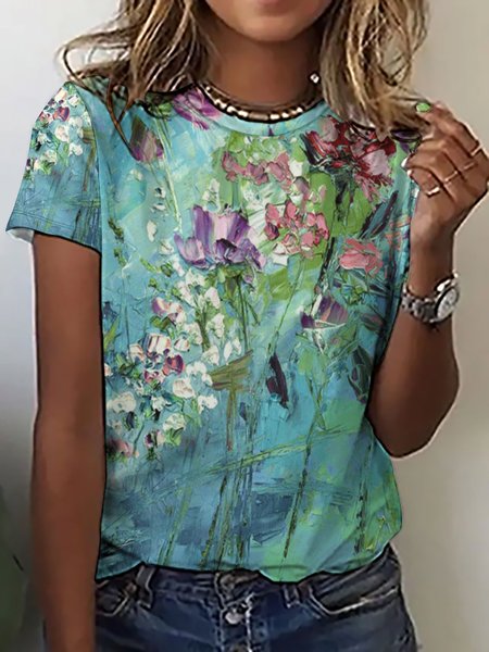 

Women’s Plant Pattern Floral Crew Neck Casual Cotton-Blend T-Shirt, As picture, T-shirts