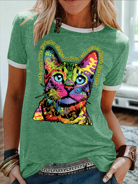 

Women's Cats Are Like Potato Chips You Can Never Have Just One Funny Graphic Print Casual Crew Neck Regular Fit Text Letters T-Shirt, Green, T-shirts