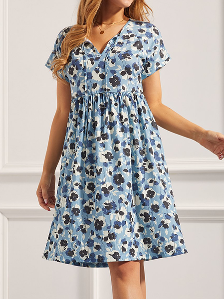 

Boho Regular Fit Floral V Neck Dress, Blue, Dresses