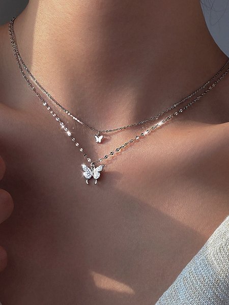 

Everyday Silver Diamond Butterfly Layered Pendant Necklace Beach Vacation Party Jewelry, Necklaces