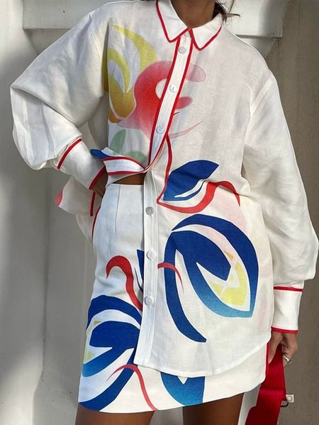 

Vacation Shirt Collar Floral Print Loose Blouse, White, Blouses and Shirts
