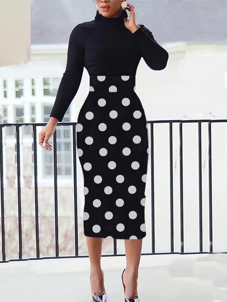 

Elegant Turtleneck Polka Dots Midi Dress, Black-white, Midi Dresses