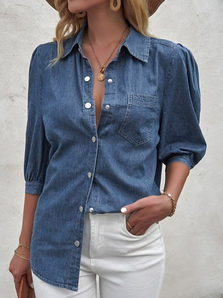 

Plain Urban V Neck Loose Denim Coat, Blue, Shirts & Blouses