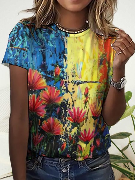 

Women’s Floral Print Loose Crew Neck Simple T-Shirt, Blue, T-shirts
