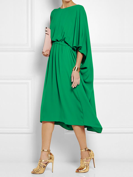 

Plain Loose Elegant Crew Neck Short sleeve Midi Dress, Green, Midi Dresses