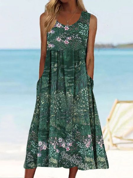 

Vacation Floral Loose Crew Neck Dress, Green, Dresses