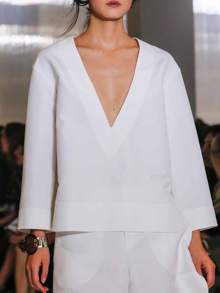 

Simple Loose Urban V Neck Plain Top, White, Blouses and Shirts