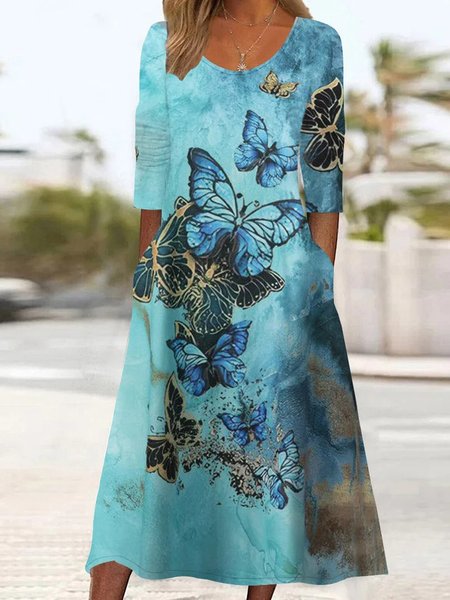 

Crew Neck Casual Loose Butterfly Dress, Blue, Dresses