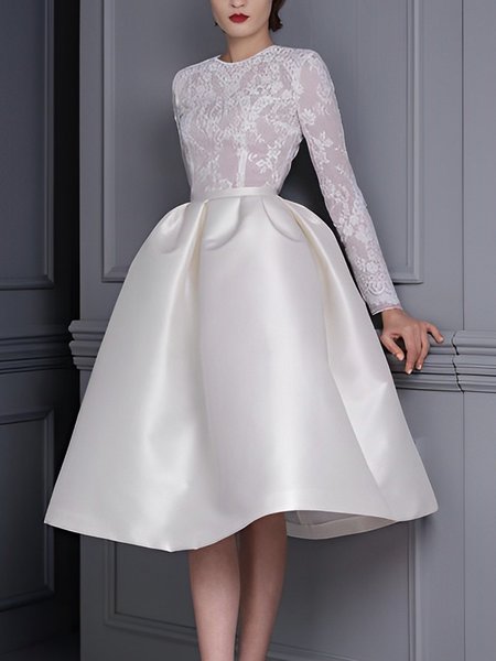 

Elegant Crew Neck Plain Tight Party Dress, White, Midi Dresses