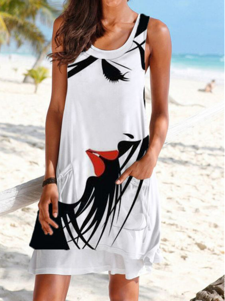 

Abstract Crew Neck Casual Loose Dress, Black-white, Dresses