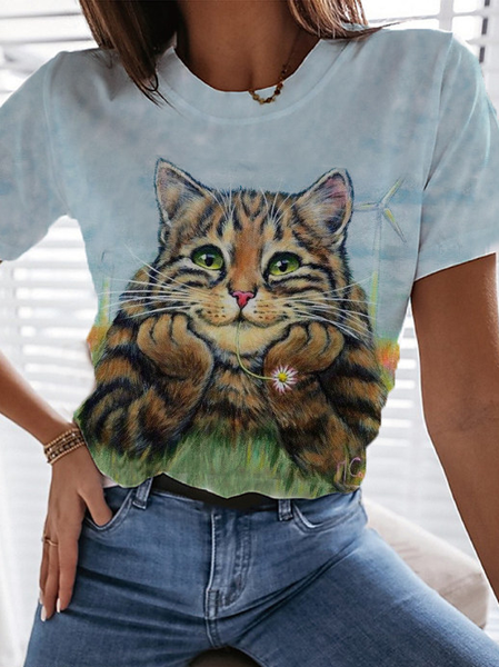 

Casual Knitted Cat Crew Neck T-Shirt, Blue, T-Shirts