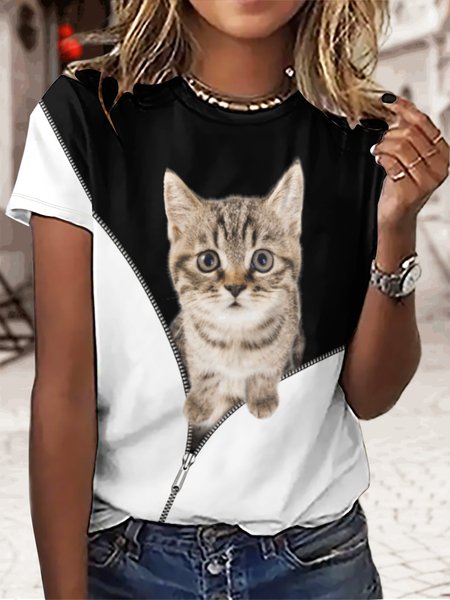 

Women's Funny Cat Color Block Simple Crew Neck T-Shirt, Black, T-shirts