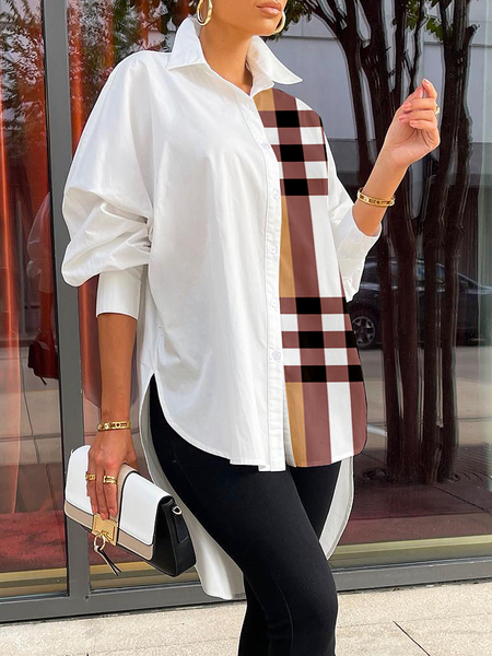

Shirt Collar Long sleeve Plaid Loose Urban Mid-long Blouse, White, Blouses and Shirts