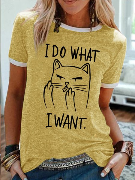 

Women's I Do What I Want Funny Cat Graphic Printing Cotton-Blend Crew Neck Casual Text Letters T-Shirt, Yellow, T-shirts