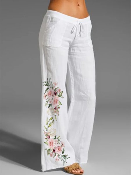 

Vacation Loose Cotton Floral Pants, White, Pants