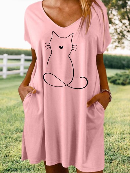 

Women's Cat Print Crew Neck Casual Dress, Pink, Dresses