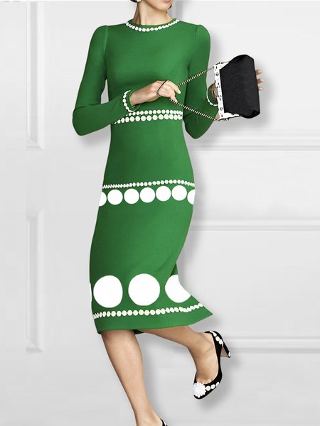 

Polka Dots Elegant Tight Long Sleeve Midi Dress, Green, Midi Dresses
