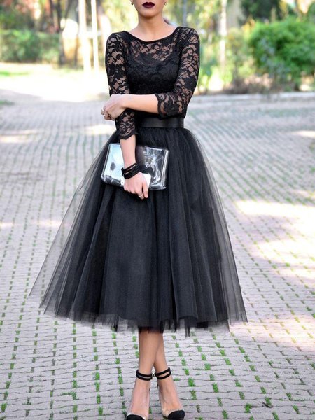 

Elegant Regular Fit Long sleeve Micro-Elasticity Crew Neck Party Dress, Black, Midi Dresses
