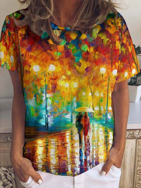 

Women's Art Printing Crew Neck Casual Plants T-Shirt, As picture, T-shirts