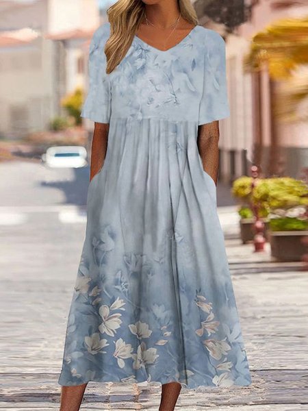 

V Neck Floral Casual Dress, Blue, Dresses