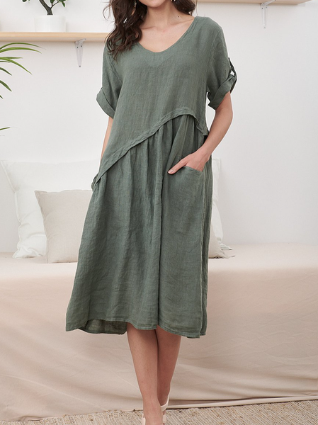 

Plain Cotton And Linen Casual Dress, Green, Dresses