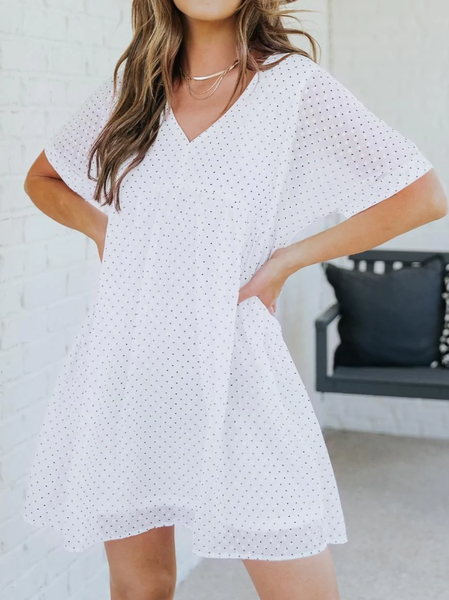 

Loose Casual V Neck Dress, Black-white, Dresses