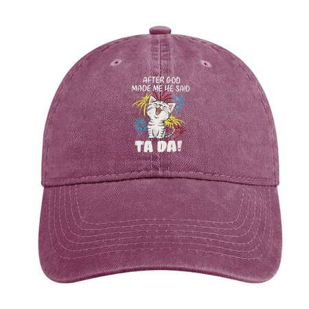 

Funny Cat After God Made Me He Said Ta Da Adjustable Denim Hat, Red, Men's Hats