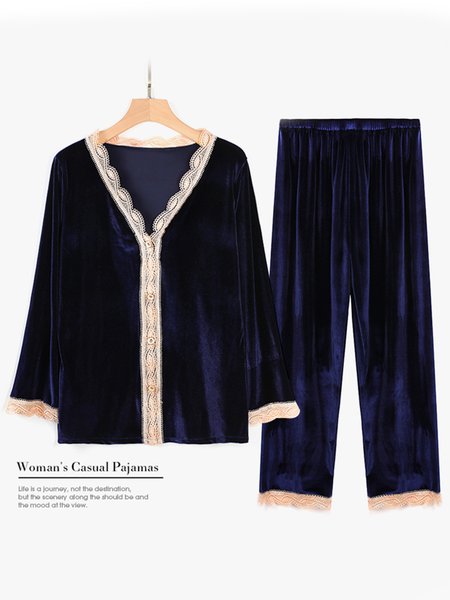 

Valentine's Day Lace Gold Velvet Pajamas Homewear Set Plus Size, Blue, Loungewear & Sleepwear