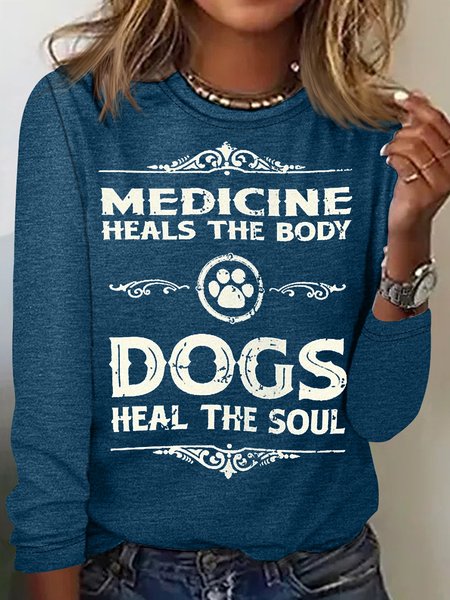 

Women's Dogs Heal the Soul Letters Casual Top, Blue, Long sleeves